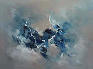 Expressive abstract landscape | Dramatic blue and gray brushstrokes create a stormy, dynamic scene in this modern minimalist artwork