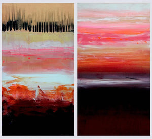 Diptych Abstract Landscape | Caramel Dunes I and II 36x33"
Vibrant abstract art painting with warm colors depicting a serene landscape scene.