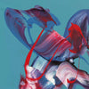 Vibrant abstract painting with bold brushstrokes of blue, red, and pink. Dynamic, energetic composition with flowing, expressive shapes and lines creating a sense of movement. Striking abstract artwork with a captivating visual impact.