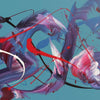 Vibrant abstract painting with dynamic brushstrokes in teal, purple, and red colors