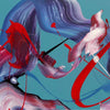 Vibrant abstract landscape with flowing, colorful brushstrokes in shades of blue, purple, and red against a teal background, creating a dynamic and imaginative artistic composition.