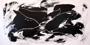 Monochrome abstract landscape painting with dynamic brushstrokes and contrasting black and white tones, creating a sense of movement and depth.
