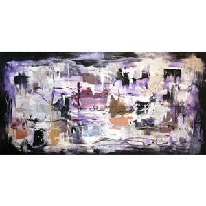 Abstract landscape painting titled "Nightingale" by Paresh Nrshinga. The artwork features a large canvas with vibrant purple, white, and neutral tones, showcasing an expressive, modern abstract style. The painting is surrounded by a simple black frame, drawing attention to the bold, colorful brushstrokes and composition.