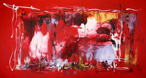 Large abstract painting of bold, vibrant red and orange hues. Textured brushstrokes create a dynamic, energetic composition. Artistic expression of passion and courage reflected in the warm color palette.