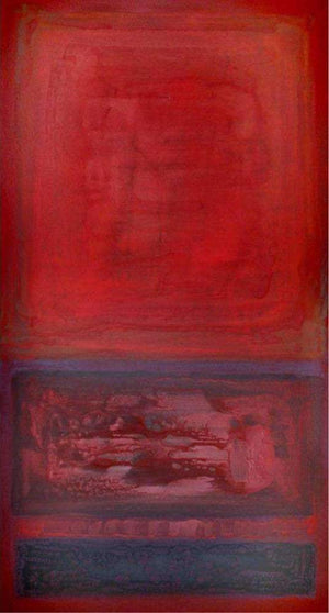 Large abstract geometric painting with bold red and maroon color tones, featuring a subtle landscape scene in the lower half of the canvas.